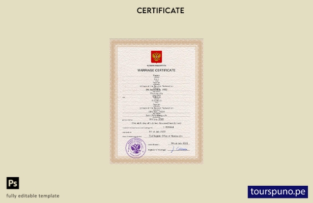 Plantilla PSD de certificado de matrimonio de Rusia lista para imprimir, plantil